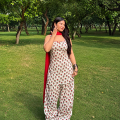 Ivory Floral Printed Kurta Set with Red Dupatta & Palazzo Pant