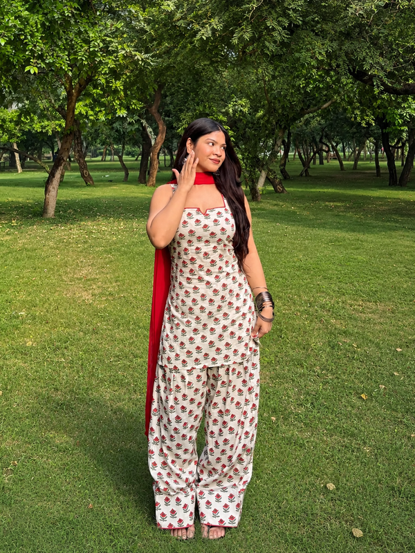 Ivory Floral Printed Kurta Set with Red Dupatta & Palazzo Pant