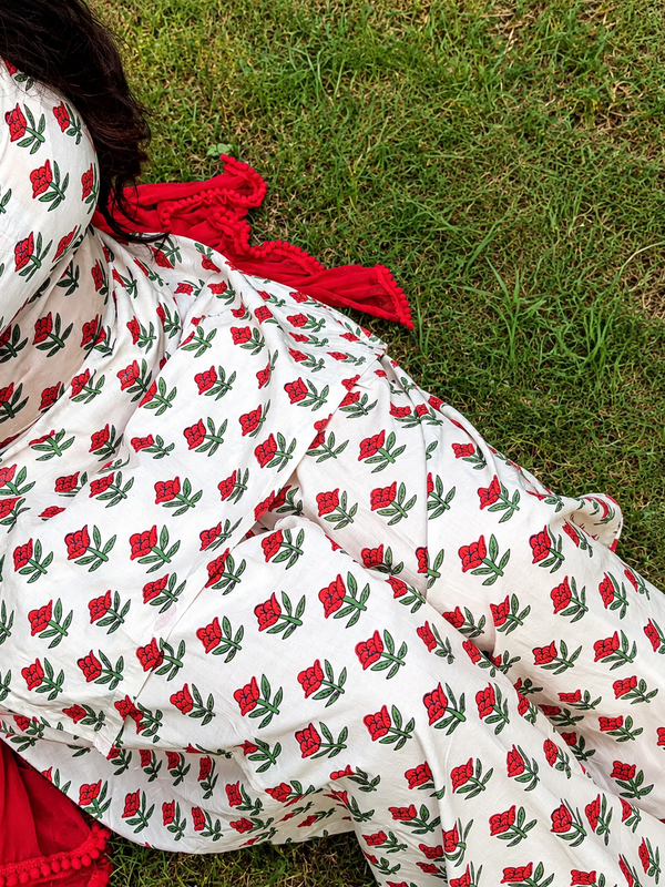 Ivory Floral Printed Kurta Set with Red Dupatta & Palazzo Pant