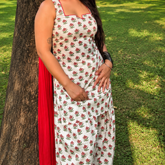 Ivory Floral Printed Kurta Set with Red Dupatta & Palazzo Pant