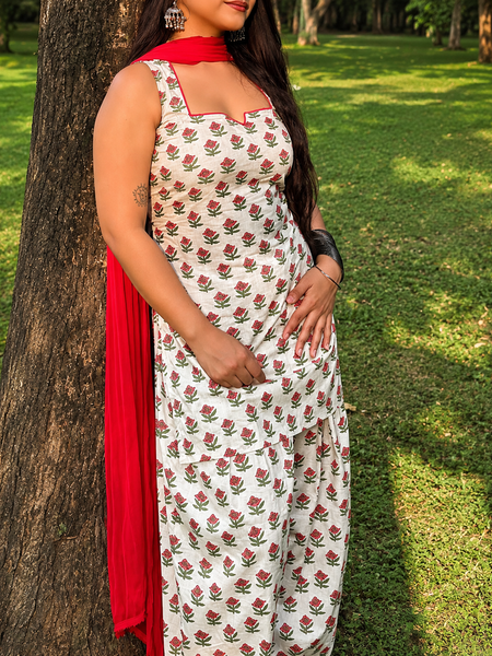 Ivory Floral Printed Kurta Set with Red Dupatta & Palazzo Pant