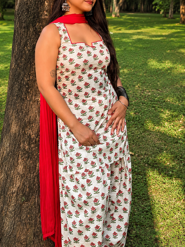 Ivory Floral Printed Kurta Set with Red Dupatta & Palazzo Pant