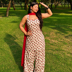Ivory Floral Printed Kurta Set with Red Dupatta & Palazzo Pant