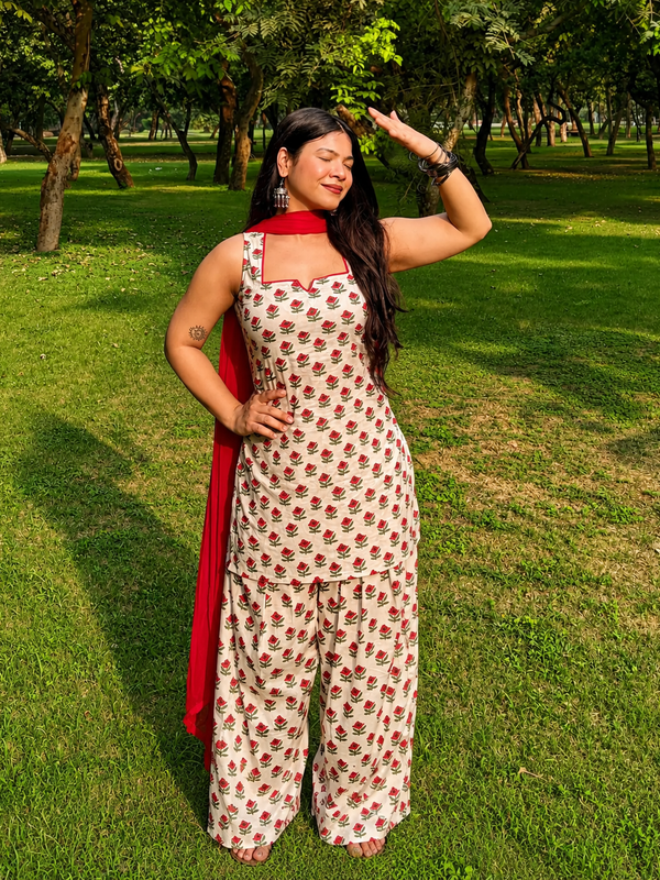 Ivory Floral Printed Kurta Set with Red Dupatta & Palazzo Pant