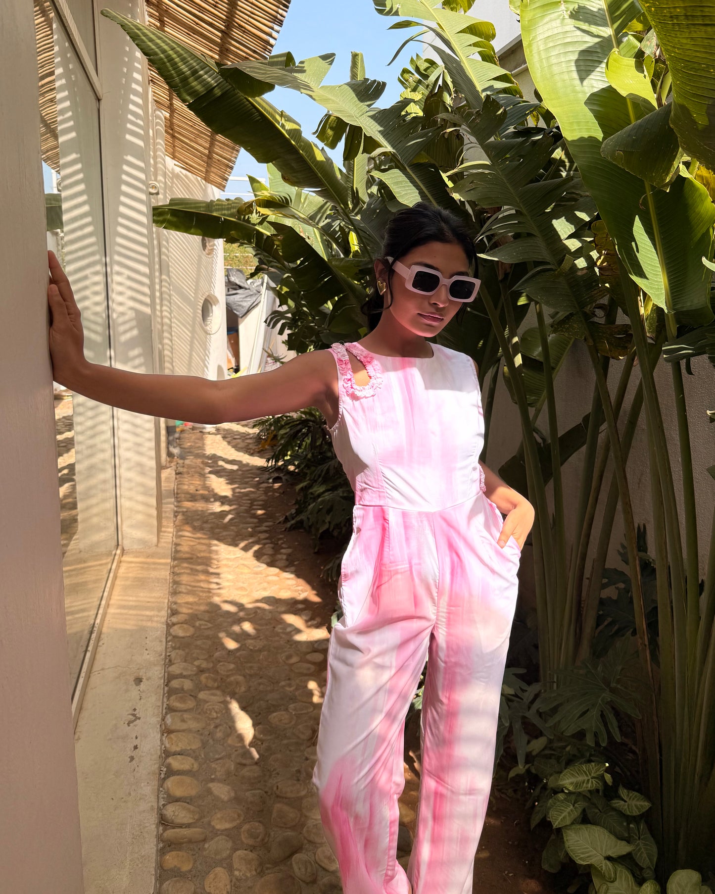 Pink Jumpsuit With Shoulder & Side Waist Cutout