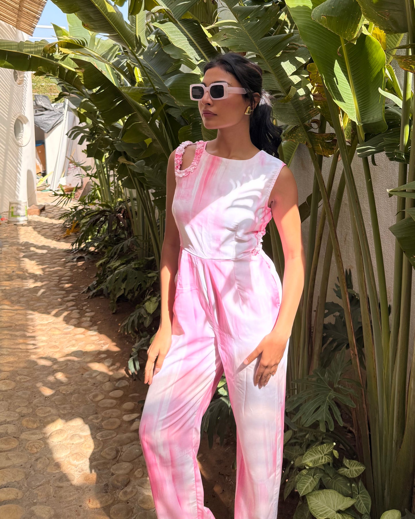 Pink Jumpsuit With Shoulder & Side Waist Cutout