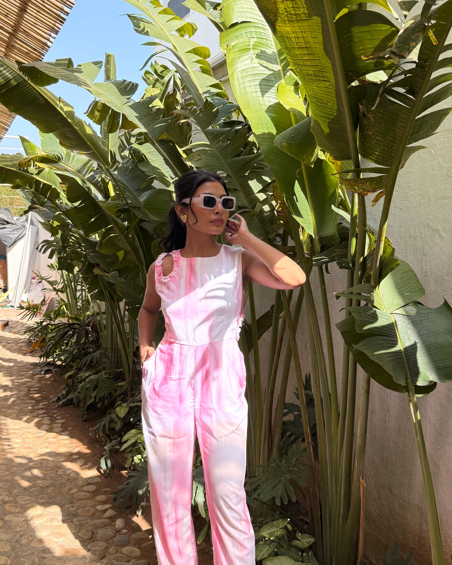 Pink Jumpsuit With Shoulder & Side Waist Cutout