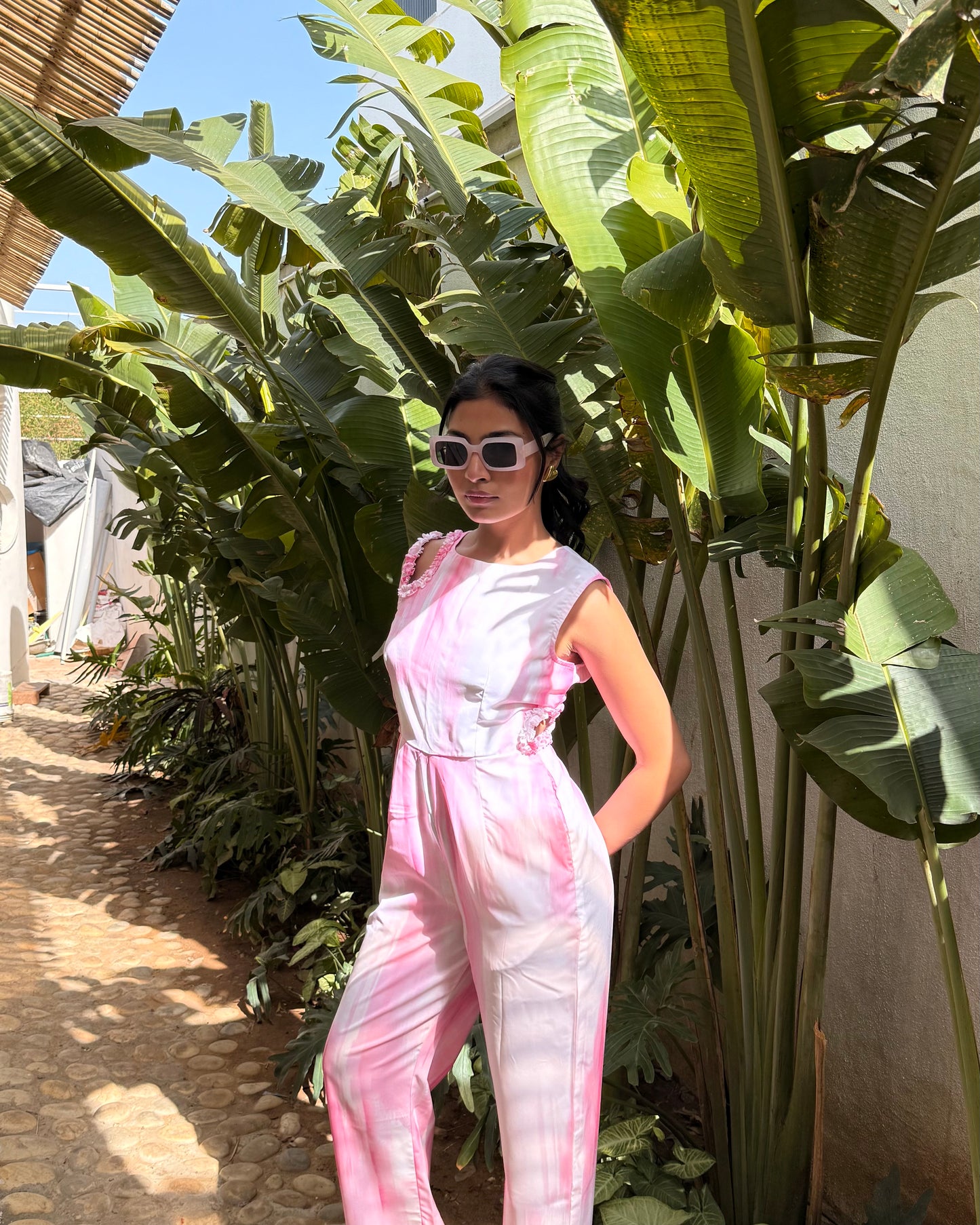 Pink Jumpsuit With Shoulder & Side Waist Cutout