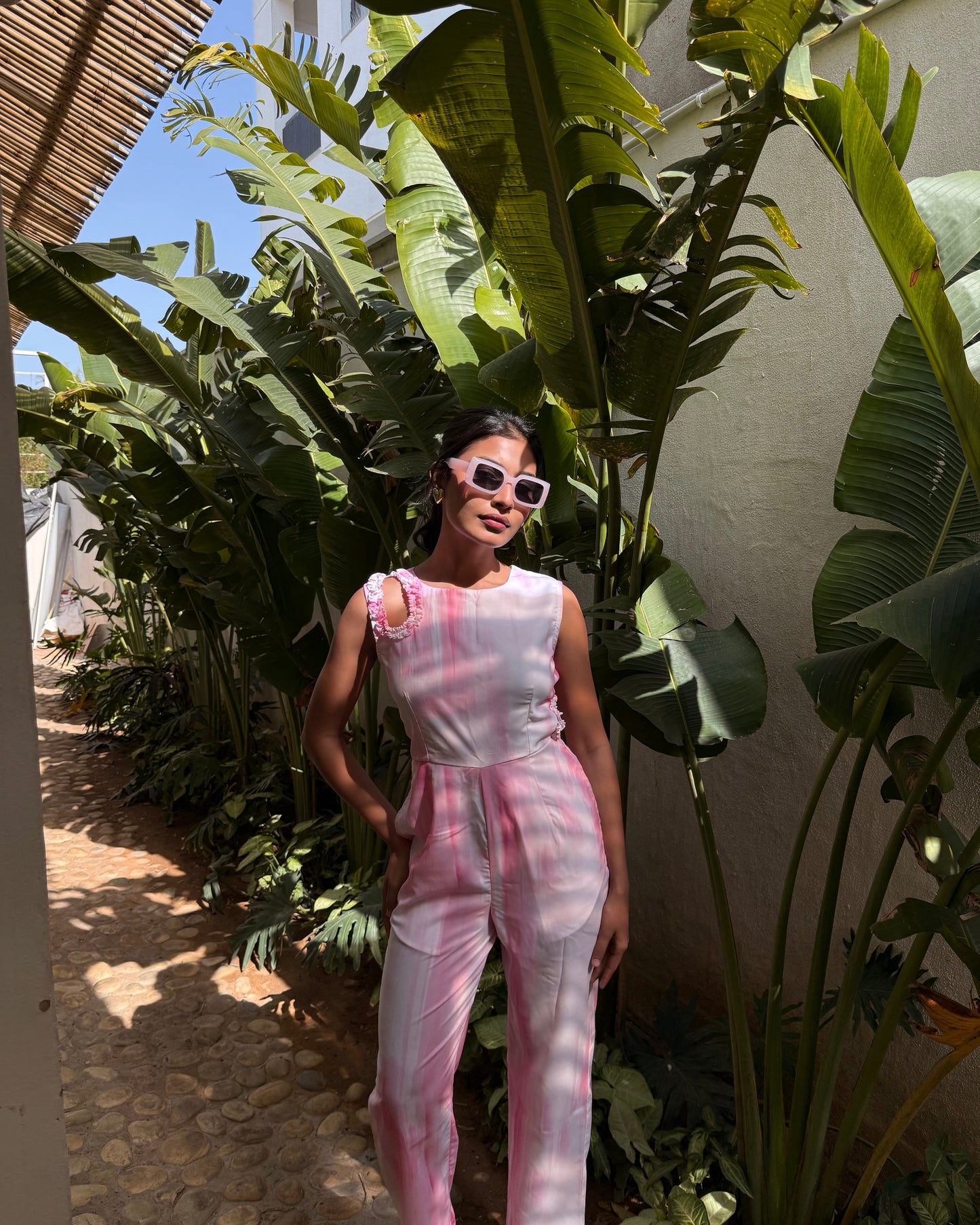 Pink Jumpsuit With Shoulder & Side Waist Cutout