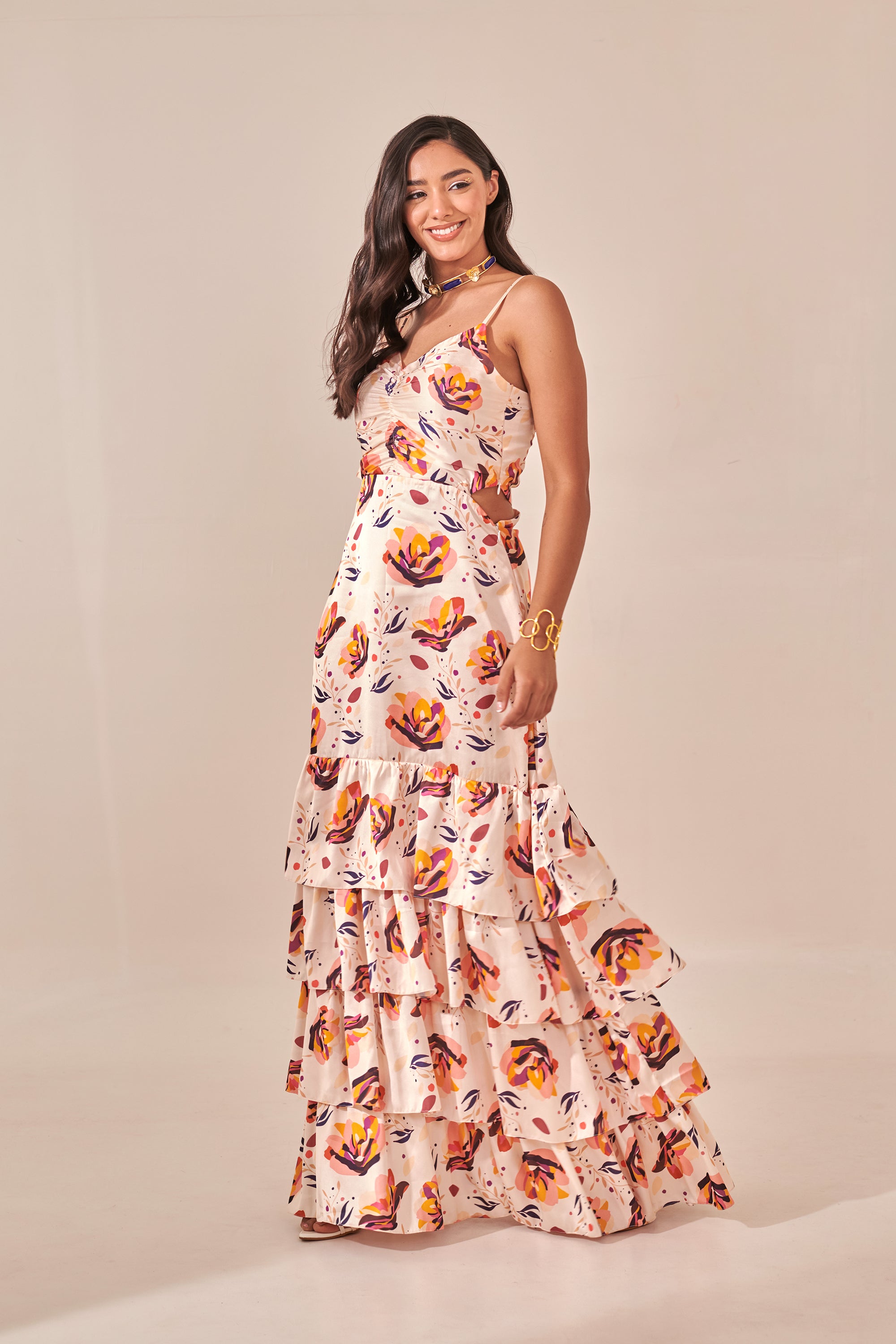 Cold shoulder floral print tiered dress sale