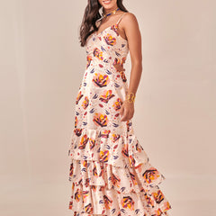 Ivory Floral Print Tiered Maxi Dress