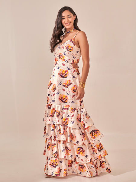 Ivory Floral Print Tiered Maxi Dress