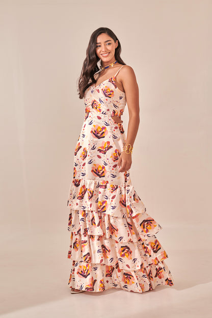 Ivory Floral Print Tiered Maxi Dress