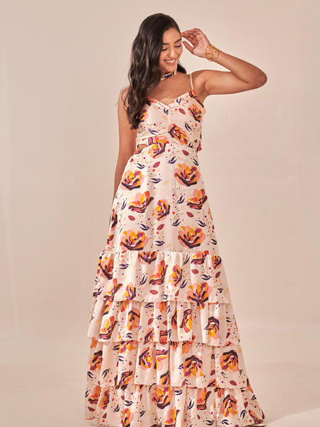 Ivory Floral Print Tiered Maxi Dress