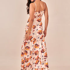 Ivory Floral Print Tiered Maxi Dress