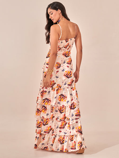 Ivory Floral Print Tiered Maxi Dress