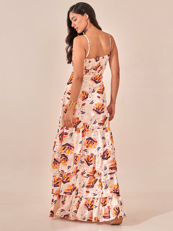 Ivory Floral Print Tiered Maxi Dress