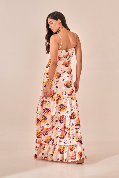 Ivory Floral Print Tiered Maxi Dress