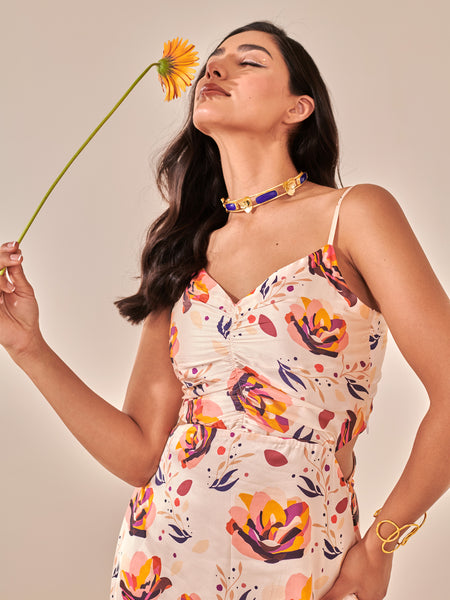 Ivory Floral Print Tiered Maxi Dress