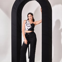 Black top with straight rhinestone pant