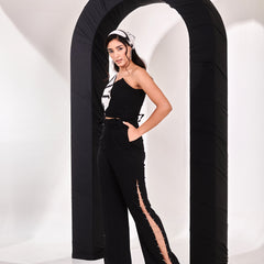 Black top with straight rhinestone pant