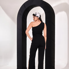 Black top with straight rhinestone pant