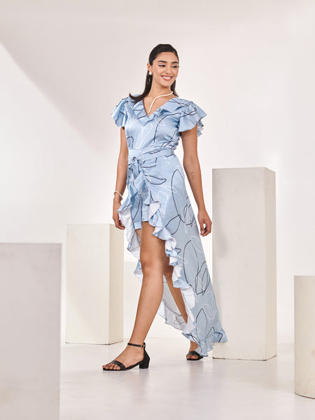 Pleated neck Printed Romper with Detachable Frilled Trail