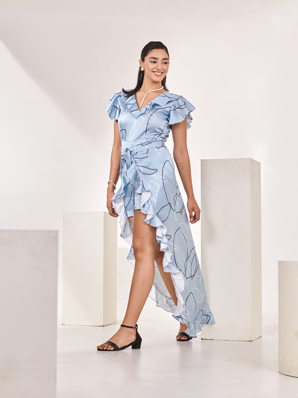 Pleated neck Printed Romper with Detachable Frilled Trail