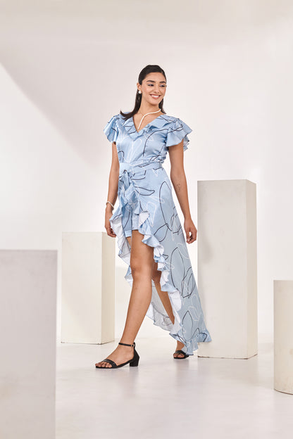 Pleated neck Printed Romper with Detachable Frilled Trail