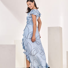 Pleated neck Printed Romper with Detachable Frilled Trail
