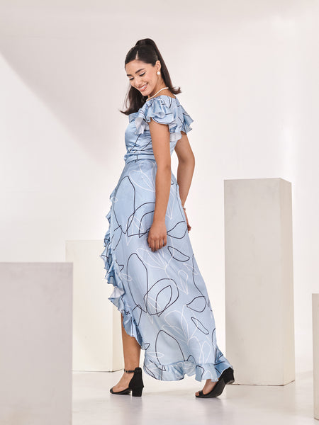 Pleated neck Printed Romper with Detachable Frilled Trail