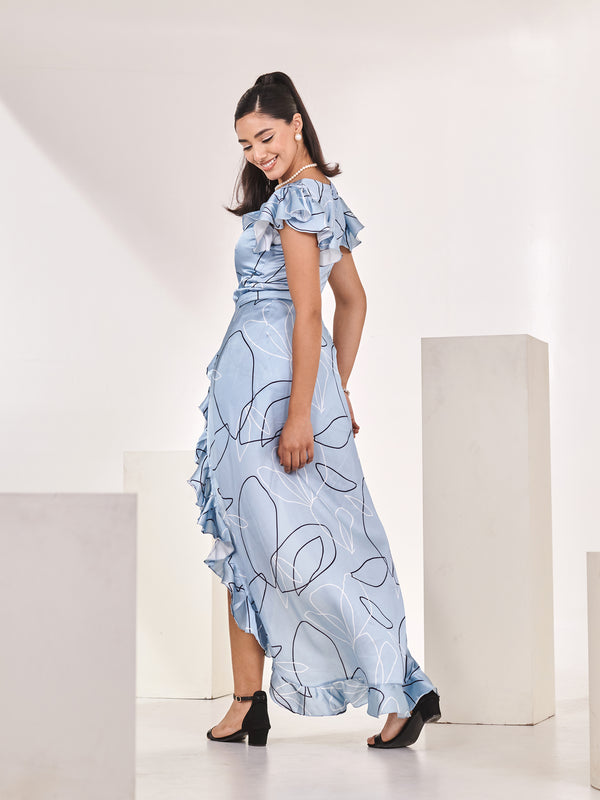 Pleated neck Printed Romper with Detachable Frilled Trail