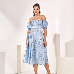Printed blue detachable sleeves midi dress