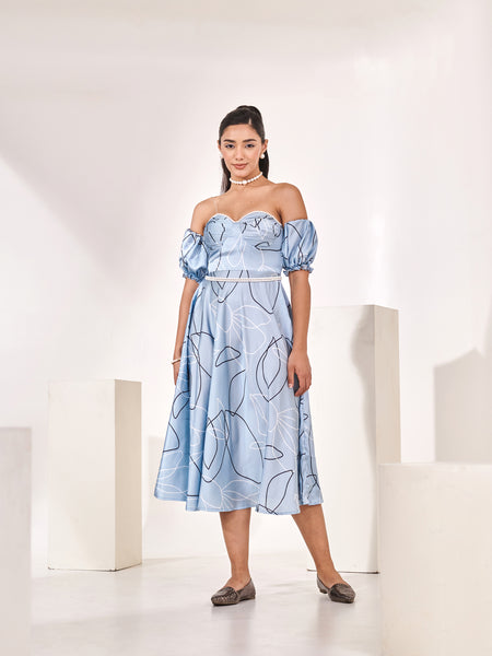Printed blue detachable sleeves midi dress