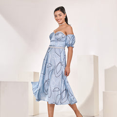 Printed blue detachable sleeves midi dress