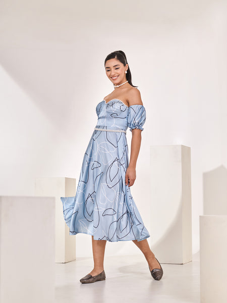 Printed blue detachable sleeves midi dress