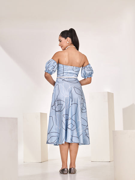 Printed blue detachable sleeves midi dress