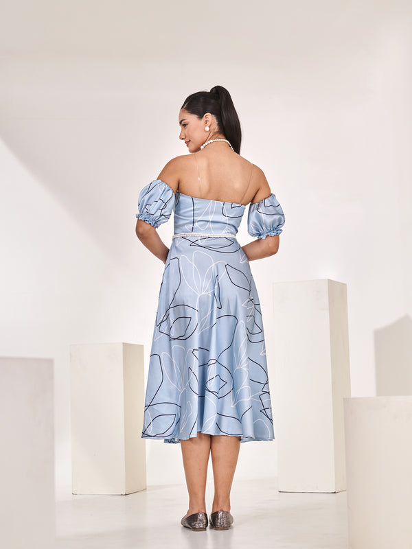 Printed blue detachable sleeves midi dress