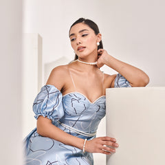 Printed blue detachable sleeves midi dress