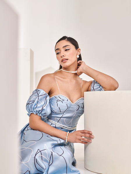 Printed blue detachable sleeves midi dress