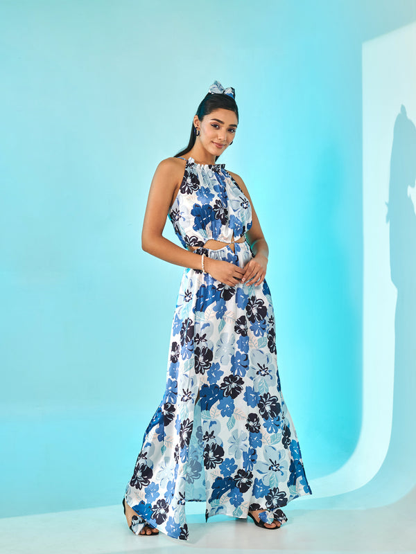 Blue Floral Print Maxi Dress