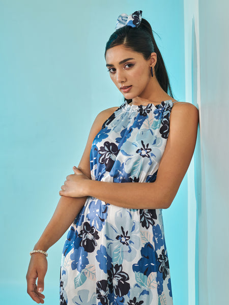 Blue Floral Print Maxi Dress