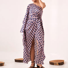 Printed One-Shoulder Asymmetric Cut-Out Dress