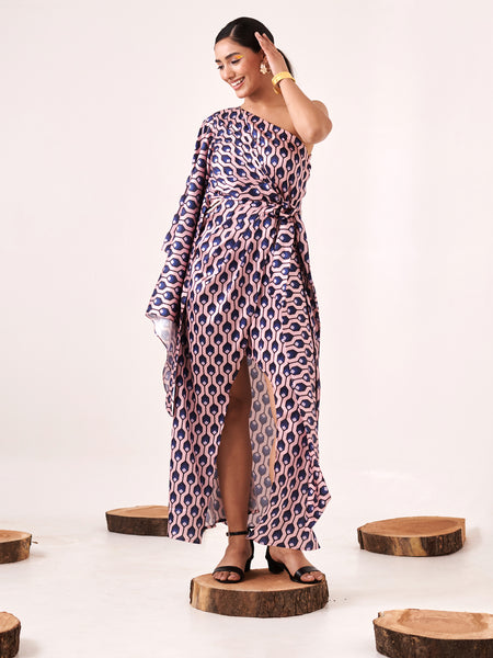 Printed One-Shoulder Asymmetric Cut-Out Dress