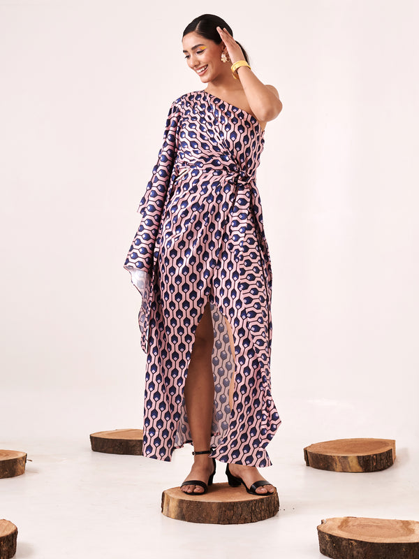 Printed One-Shoulder Asymmetric Cut-Out Dress