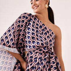 Printed One-Shoulder Asymmetric Cut-Out Dress
