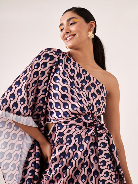 Printed One-Shoulder Asymmetric Cut-Out Dress