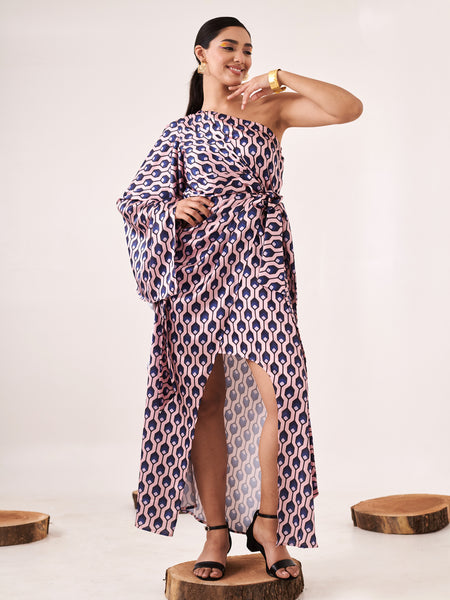 Printed One-Shoulder Asymmetric Cut-Out Dress