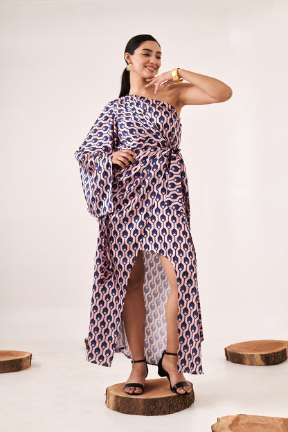 Printed One-Shoulder Asymmetric Cut-Out Dress