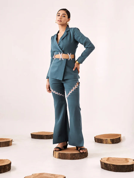 Solid embellished blue boot-cut pant